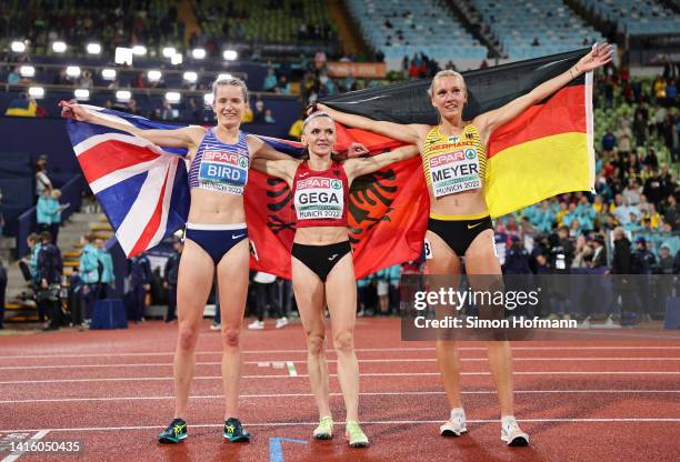Bronze medalist Elizabeth Bird of Great Britain, Gold medalist Luiza Gega of Albania and Silver medalist Lea Meyer of Germany celebrate after the...