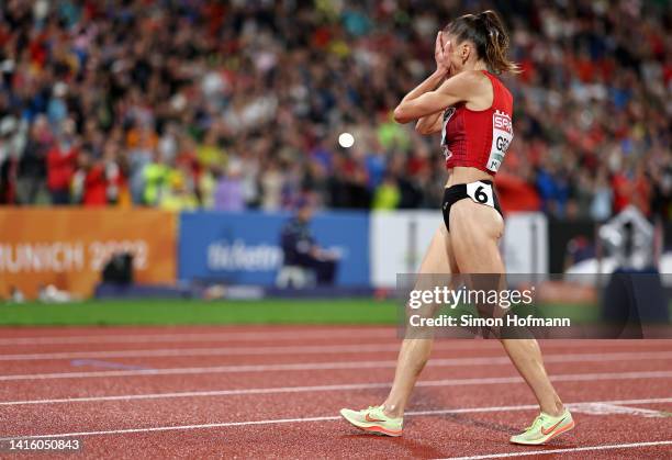 Gold medalist Luiza Gega of Albania celebrates after the Athletics - Women's 3000m Steeplechase Final on day 10 of the European Championships Munich...