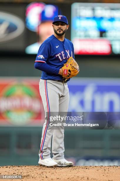 Martin Perez of the Texas Rangers pitches against the Minnesota Twins on August 19, 2022 at Target Field in Minneapolis, Minnesota.