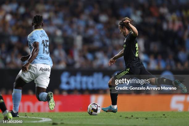 Luka Modric of Real Madrid CF scores their second goal during the LaLiga Santander match between RC Celta de Vigo and Real Madrid CF at Estadio...