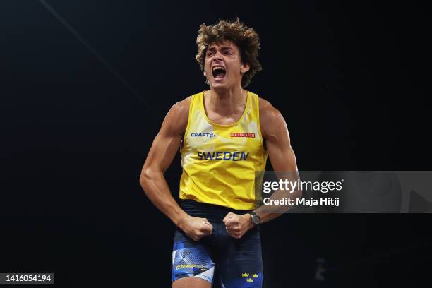 Armand Duplantis of Sweden celebrates during the Athletics - Men's Pole Vault Final on day 10 of the European Championships Munich 2022 at...