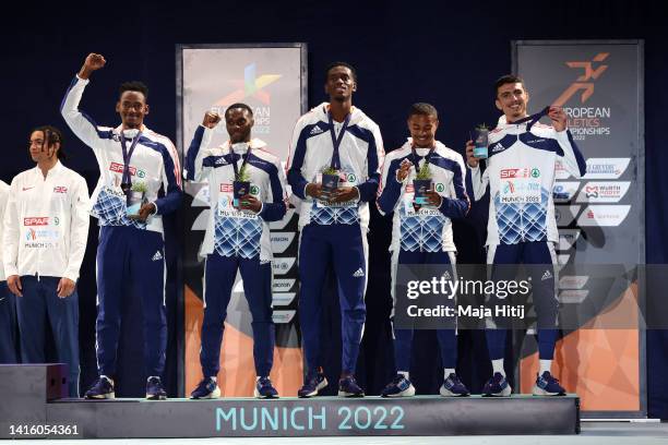 Teo Andant, Gilles Biron, Simon Boypa, Thomas Jordier and Loic Prevot of France celebrate winning bronze in the Men's 4 x 400m Relay Medal Ceremony...