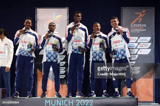 Teo Andant, Gilles Biron, Simon Boypa, Thomas Jordier and Loic Prevot of France celebrate winning bronze in the Men's 4 x 400m Relay Medal Ceremony...