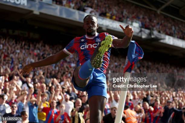 Jean-Philippe Mateta of Crystal Palace celebrates scoring their third goal during the Premier League match between Crystal Palace and Aston Villa at...