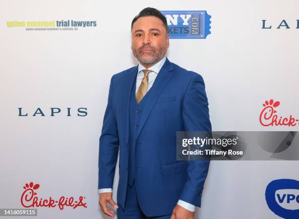 Honoree Oscar De La Hoya arrives at the 22nd Annual Harold and Carole Pump Foundation Gala at The Beverly Hilton on August 19, 2022 in Beverly Hills,...