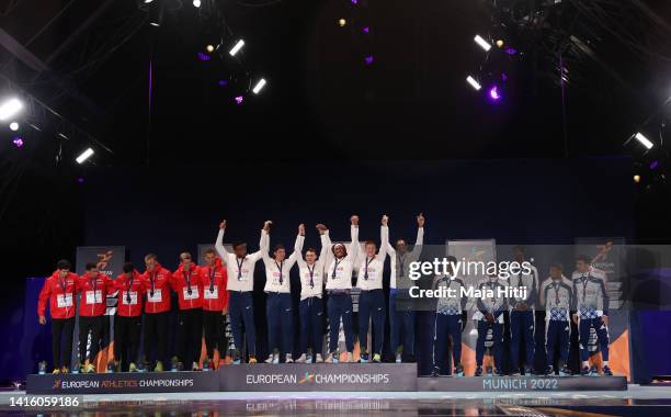 Silver medalists Jonathan Sacoor, Kevin Borlee, Jonathan Borlee, Julien Watrin, Alexander Doom and Dylan Borlee of Belgium, Gold medalists Matthew...