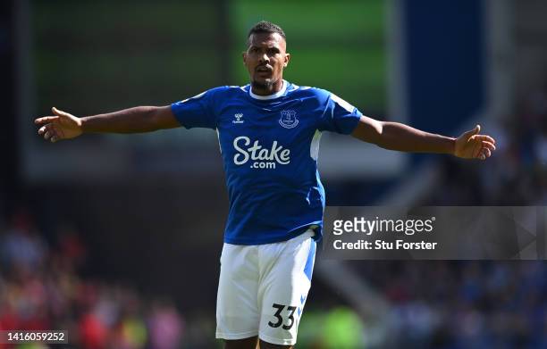 Everton player Salomon Rondon reacts during the Premier League match between Everton FC and Nottingham Forest at Goodison Park on August 20, 2022 in...