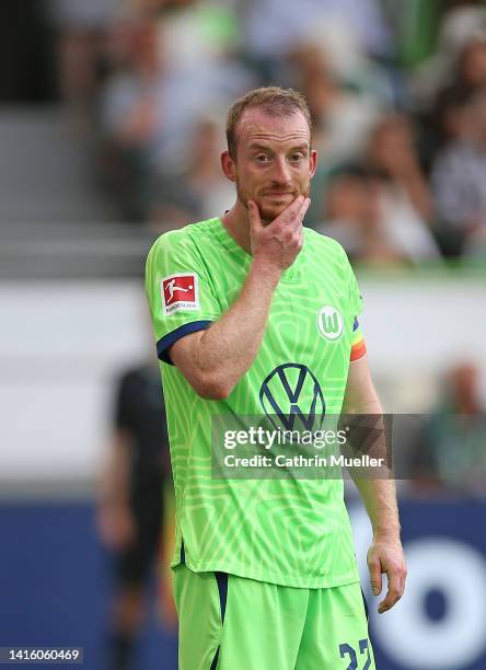 Maximilian Arnold of VfL Wolfsburg reacts during the Bundesliga match between VfL Wolfsburg and FC Schalke 04 at Volkswagen Arena on August 20, 2022...