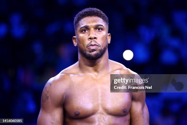 Anthony Joshua looks on ahead of their World Heavyweight Championship fight against Oleksandr Usyk during the Rage on the Red Sea Heavyweight Title...
