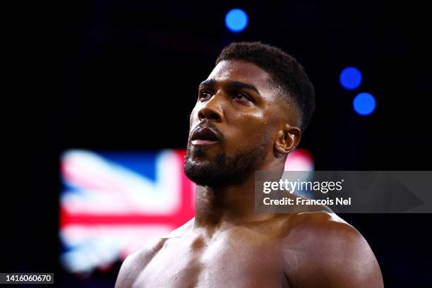 Anthony Joshua looks on ahead of their World Heavyweight Championship fight against Oleksandr Usyk during the Rage on the Red Sea Heavyweight Title...