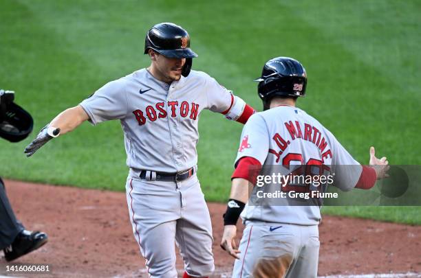 Enrique Hernandez of the Boston Red Sox celebrates with J.D. Martinez after hitting a two-run home run in the sixth inning against the Baltimore...