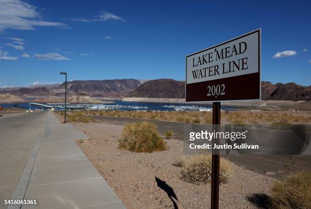 Sign showing where Lake Mead water levels were in 2002 is posted near the Lake Mead Marina on August 19, 2022 in Lake Mead National Recreation Area,...