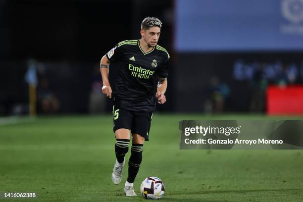 Federico Valverde of Real Madrid CF controls the ball during the LaLiga Santander match between RC Celta de Vigo and Real Madrid CF at Estadio...