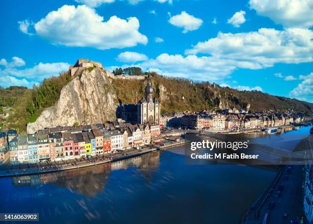 panoramic view of  dinant city from the sky - meuse river stock pictures, royalty-free photos & images