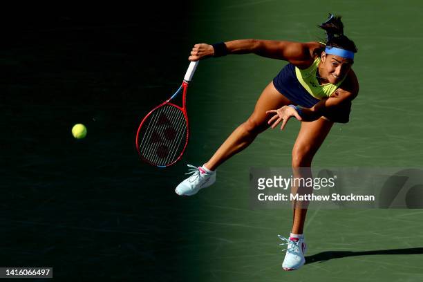 Caroline Garcia of France serves to Aryna Sabalenka of Belarus during the semifinals of the Western & Southern Open at Lindner Family Tennis Center...