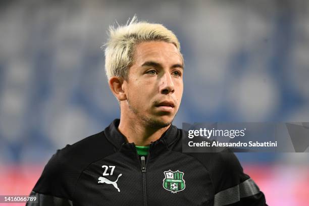 Maxime Lopez of US Sassuolo looks on during the Serie A match between US Sassuolo and US Lecce at Mapei Stadium - Citta' del Tricolore on August 20,...