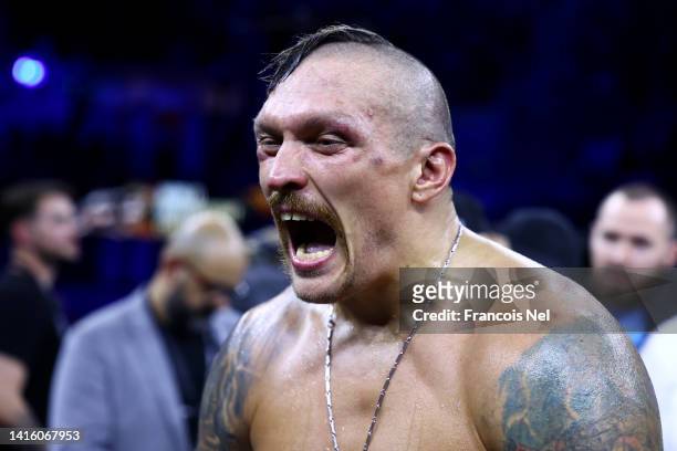 Oleksandr Usyk celebrates after their victory over Anthony Joshua in their World Heavyweight Championship fight during the Rage on the Red Sea...
