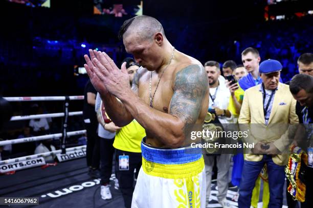 Oleksandr Usyk celebrates after their victory over Anthony Joshua in their World Heavyweight Championship fight during the Rage on the Red Sea...