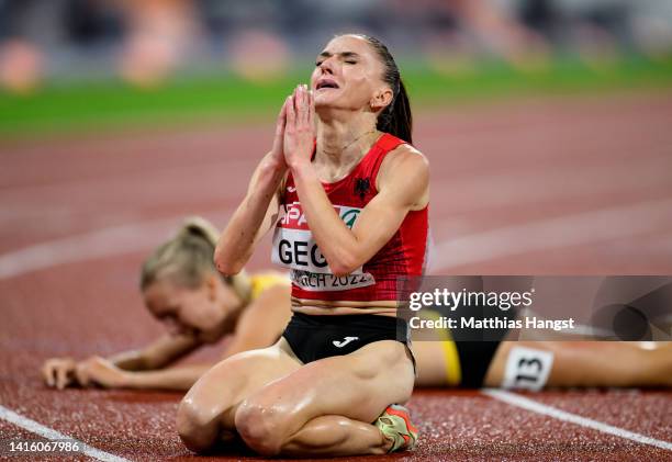 Gold medalist Luiza Gega of Albania celebrates after the Athletics - Women's 3000m Steeplechase Final on day 10 of the European Championships Munich...