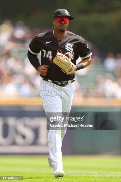 Eloy Jimenez of the Chicago White Sox in action against the Houston Astros at Guaranteed Rate Field on August 18, 2022 in Chicago, Illinois.