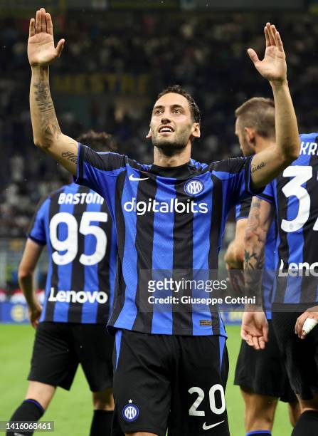 Hakan Calhanoglu of FC Internazionale celebrates after scoring the his team's second goal during the Serie A match between FC Internazionale and...