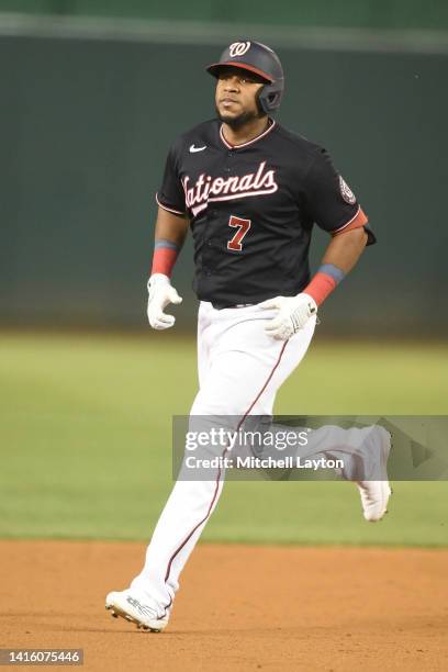 Maikel Franco of the Washington Nationals rounds the bases after hitting a home run during a baseball game against the San Diego Padres at Nationals...