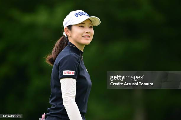 Rie Tsuji of Japan reacts on the 1st green during the final round of CAT Ladies at Daihakone Country Club on August 21, 2022 in Hakone, Kanagawa,...