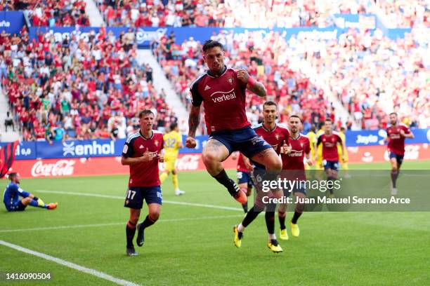 Chimy Avila of CA Osasuna celebrates after scoring goal during the LaLiga Santander match between CA Osasuna and Cadiz CF at El Sadar Stadium on...