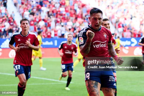 Chimy Avila of CA Osasuna celebrates after scoring goal during the LaLiga Santander match between CA Osasuna and Cadiz CF at El Sadar Stadium on...