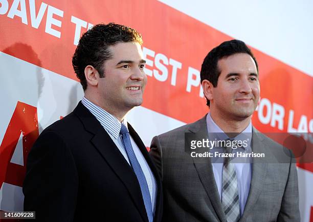 Directors Jon Hurwitz and Hayden Schlossberg arrive at the Premiere of Universal Pictures' "American Reunion" at Grauman's Chinese Theatre on March...