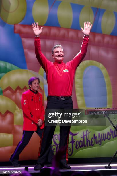 Jeff Fatt and Simon Pryce of The Wiggles perform on stage during the Big Show Tour! at Spark Arena on August 21, 2022 in Auckland, New Zealand.