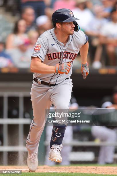 Trey Mancini of the Houston Astros in action against the Chicago White Sox at Guaranteed Rate Field on August 18, 2022 in Chicago, Illinois.