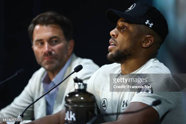 Anthony Joshua reacts during a press conference after the Rage on the Red Sea Heavyweight Title Fight at King Abdullah Sports City Arena on August...