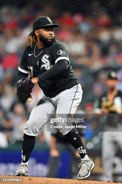 Starting pitcher Johnny Cueto of the Chicago White Sox pitches during the first inning against the Cleveland Guardians at Progressive Field on August...