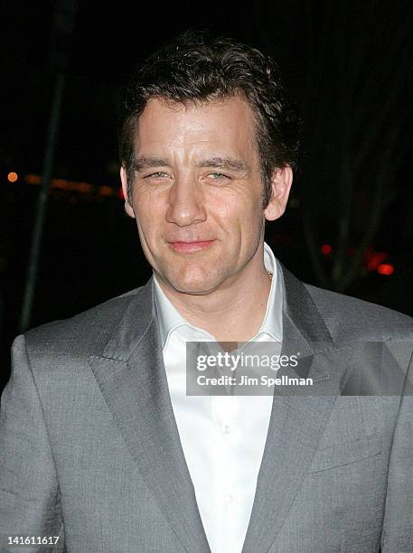Actor Clive Owen attends the Giorgio Armani & The Cinema Society screening of "Intruders" at the Tribeca Grand Hotel on March 19, 2012 in New York...