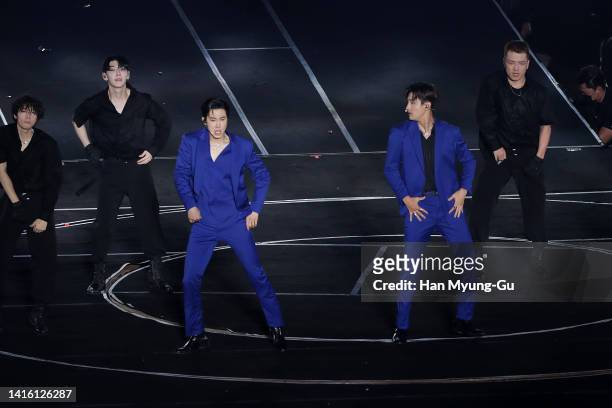 Boy band TVXQ aka Tohoshinki performs on stage during the 'SMTOWN Live 2022: SMCU Express at Human City Suwon' concert at Suwon World Cup Stadium on...