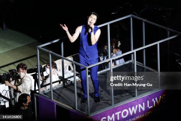 Boy band TVXQ aka Tohoshinki performs on stage during the 'SMTOWN Live 2022: SMCU Express at Human City Suwon' concert at Suwon World Cup Stadium on...