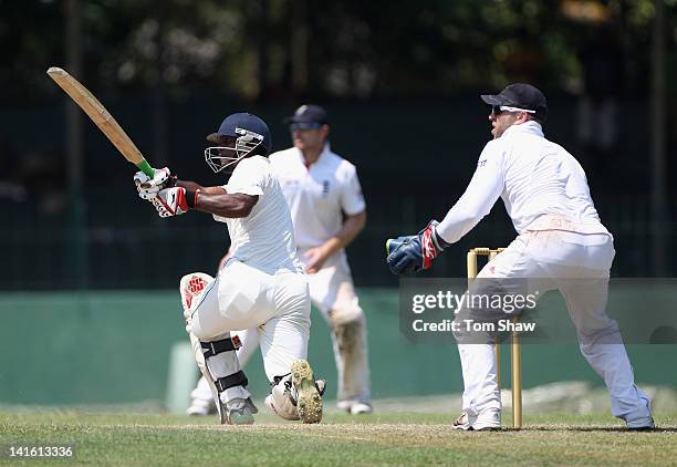 Chamara Silva of Sri Lanka hits out during day one of the tour match between Sri Lanka A and England at the SSC on March 20, 2012 in Colombo, Sri...