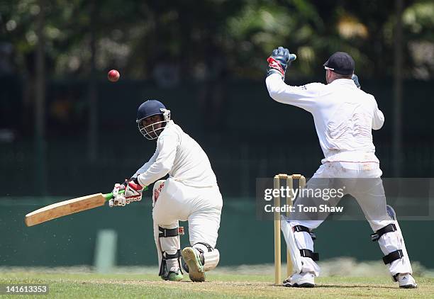 Chamara Silva of Sri Lanka hits out during day one of the tour match between Sri Lanka A and England at the SSC on March 20, 2012 in Colombo, Sri...
