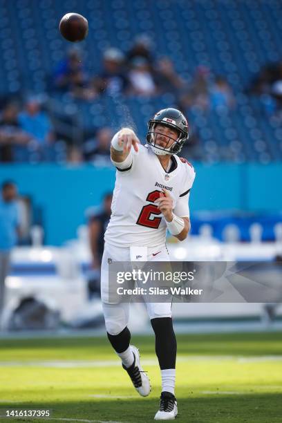 Blaine Gabbert of the Tampa Bay Buccaneers warms up before the preseason game with the Tennessee Titans at Nissan Stadium on August 20, 2022 in...