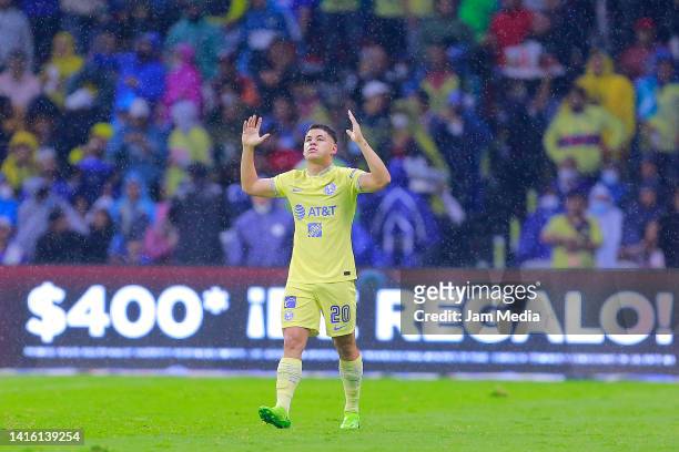 Richard Rafael Sanchez of America celebrates after scoring the first goal during the 10th round match between America and Cruz Azul as part of the...
