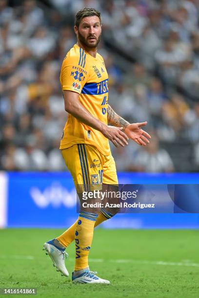 Andre-Pierre Gignac of Tigres reacts during the 10th round match between Monterrey and Tigres UANL as part of the Torneo Apertura 2022 Liga MX at...