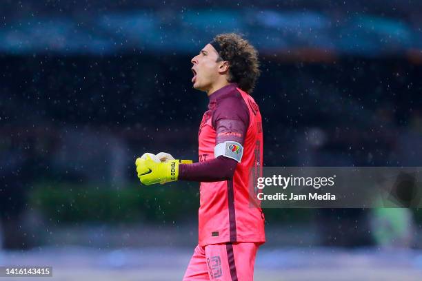 Francisco Guillermo Ochoa of America celebrates after the first goal of his team during the 10th round match between America and Cruz Azul as part of...