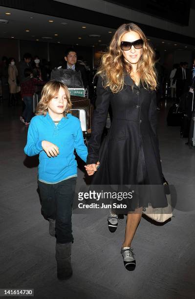 Sarah Jessica Parker and her son James Wilke Broderick arrive at Narita International Airport on March 20, 2012 in Narita, Japan.