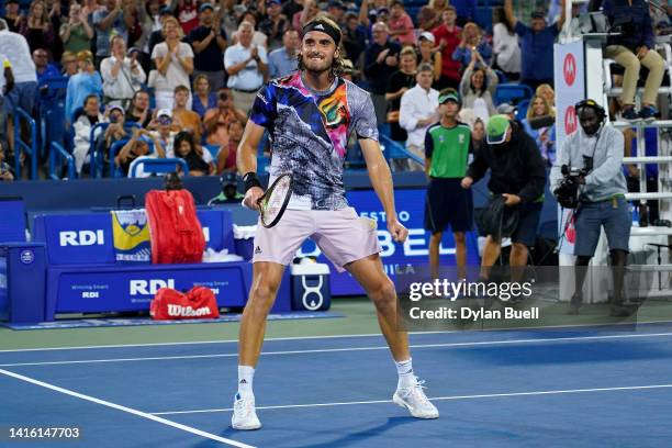 Stefanos Tsitsipas of Greece celebrates after defeating Daniil Medvedev of Russia 7-6, 3-6, 6-3 during the Western & Southern Open at the Lindner...