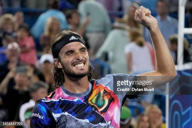 Stefanos Tsitsipas of Greece celebrates after defeating Daniil Medvedev of Russia 7-6, 3-6, 6-3 during the Western & Southern Open at the Lindner...