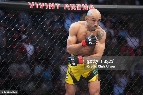 Jose Aldo of Brazil stands in his corner while facing Merab Dvalishvili of Georgia in a bantamweight fight during the UFC 278 event at Vivint Arena...
