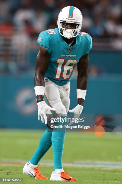 Mohamed Sanu of the Miami Dolphins prepares for the snap during the first quarter against the Las Vegas Raiders at Hard Rock Stadium on August 20,...