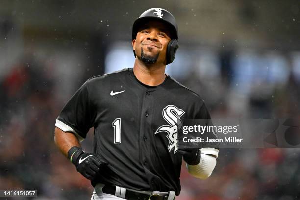 Elvis Andrus of the Chicago White Sox reacts after flying out to end the top of the third inning at Progressive Field on August 20, 2022 in...