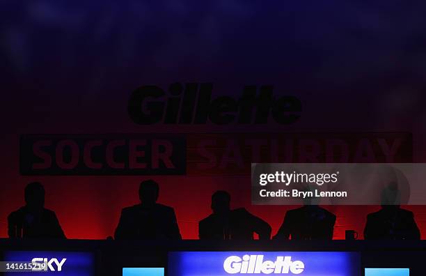 The Soccer Saturday panel of Jeff Stelling, Matt Le Tissier, Paul Merson, Phil Thompson and Charlie Nicholas during Gillette Soccer Saturday Live...